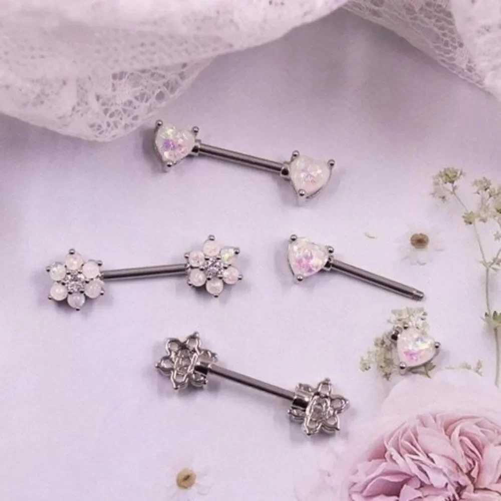 14G 316L Opal Flower and Heart Cubic Zirconia Nipple Rings - 2 Sets